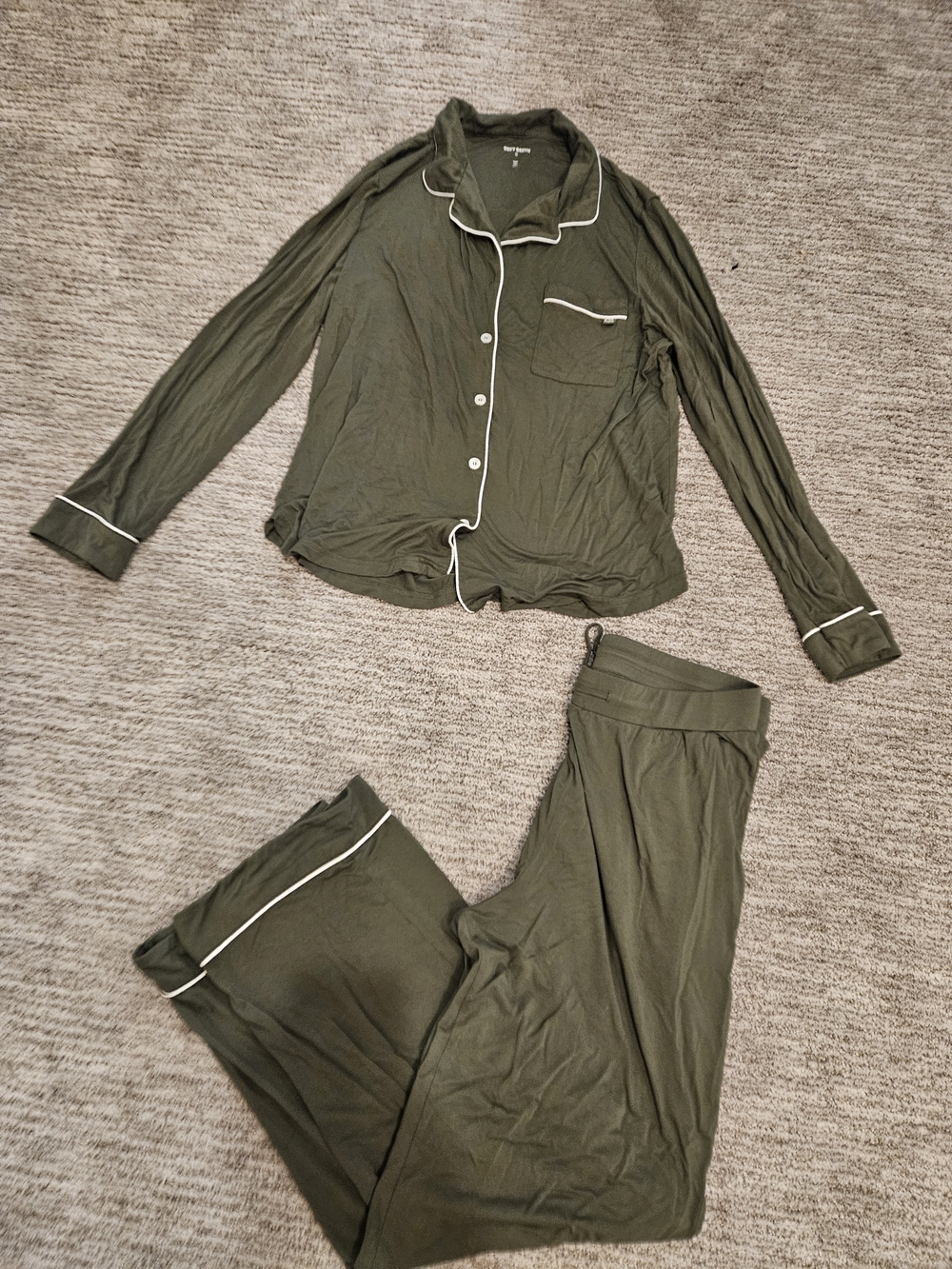 Cozy Earth Bamboo Olive Green Two-Piece Pajama Set with White Piping